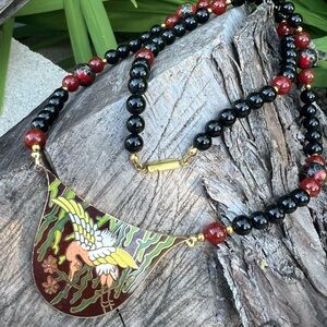 Handmade Vintage Cloisonné Beaded Necklace Crane Floral Pendant OOAK 24”